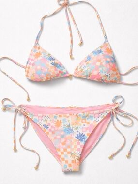 Escape to Paradise XL Bikini Set Pink Floral Checkered Tie Side NWT